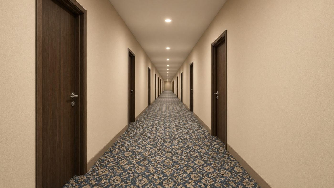 Mavi çiçek desenli duvardan duvara otel koridoru