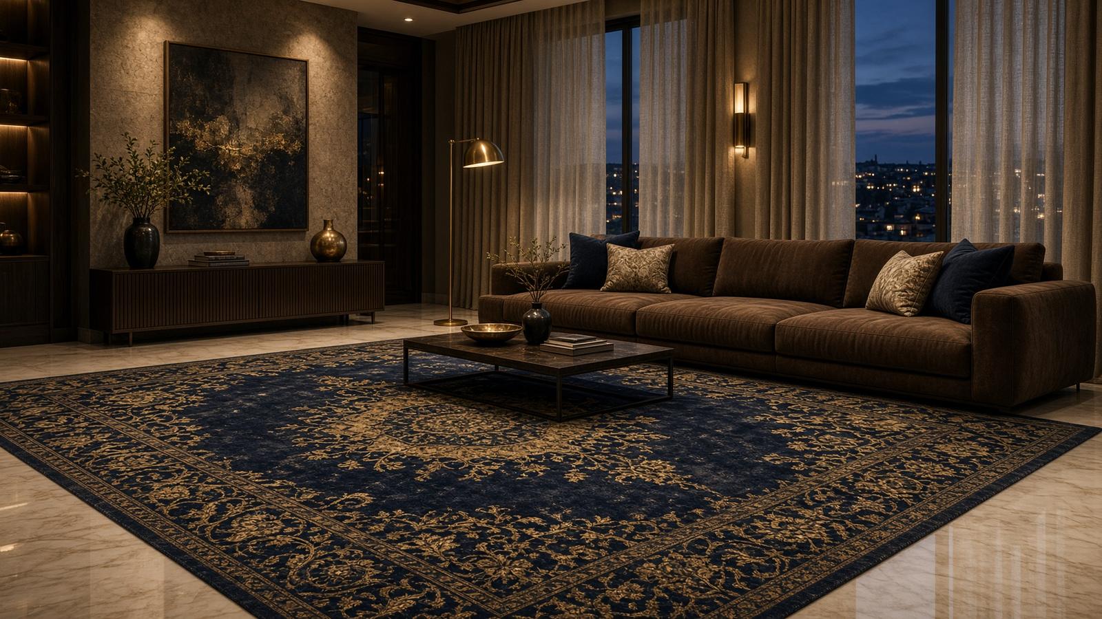 Akşam ışığında, lacivert ve altın desenli büyük bir halının serili olduğu salon