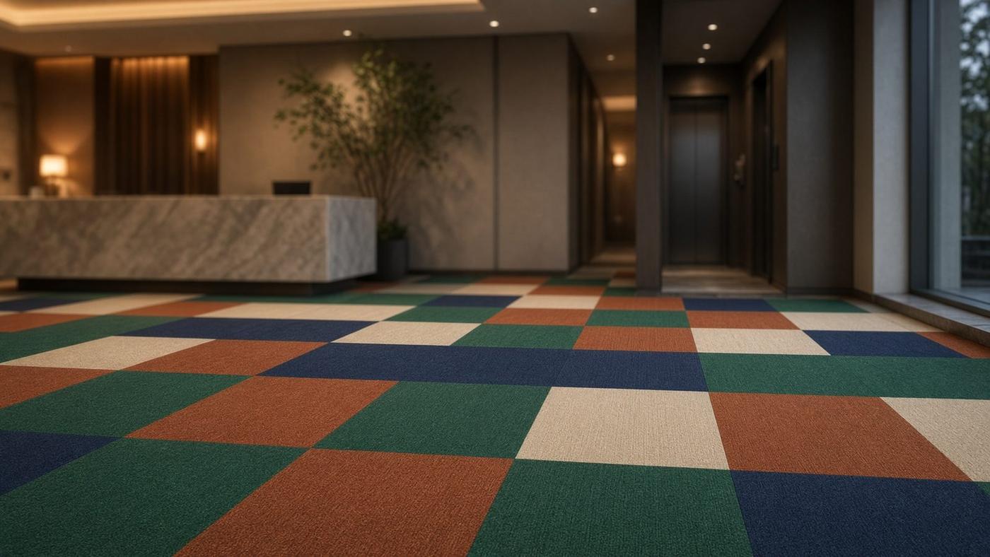 Zümrüt, lacivert ve toprak tonlarında karo halı kaplı otel lobisi