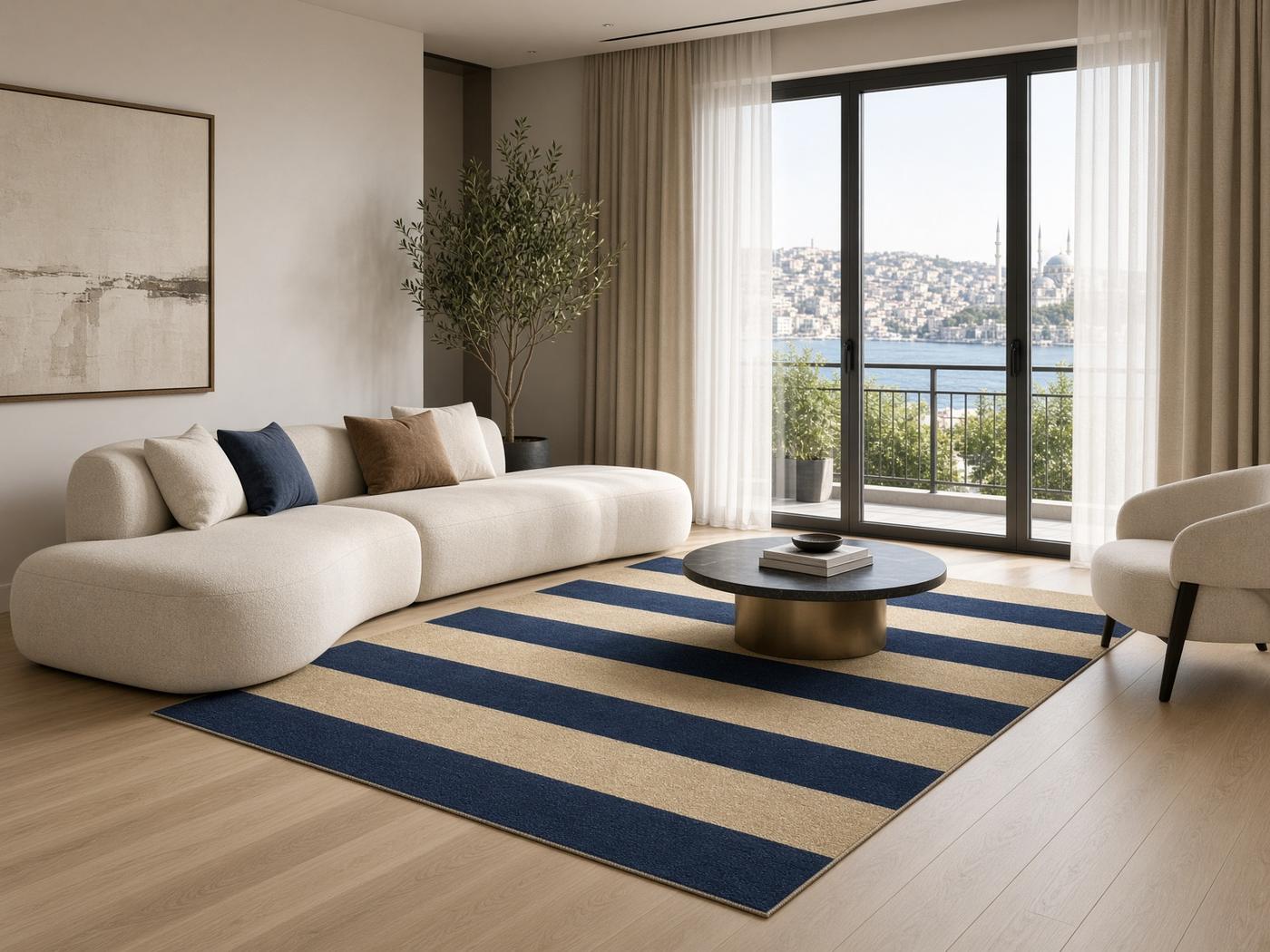 Meşe zeminde lacivert ve şampanya çizgili modern makine halısı