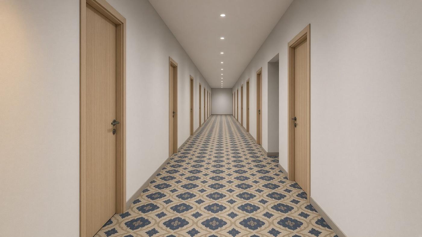 Şehir oteli koridorunda mavi desenli proje halısı